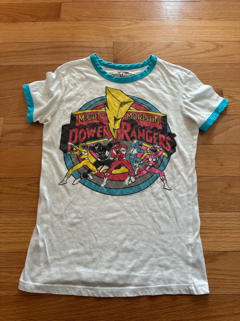 Power Ranger Retro Ringer Tee in White with Teal Trim. Size Small.